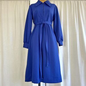 Vintage 60s Cobalt Dagger Collar Space Age Mod Midi Dress M